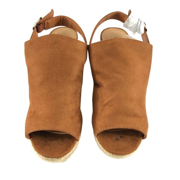 Breckelles Womens Sandals Wedge Faux Suede Open Toe Slingback Buckle Brown 8 - Picture 2 of 6